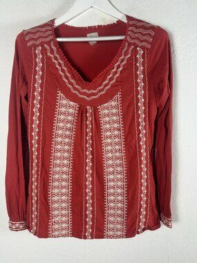 Lucky Brand Women Knit Top Medium Red Embroidered Long Sleeve V-Neck Boho Casual
